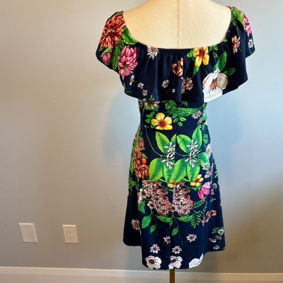 Rebel Sugar by Simons, Tropical Floral, Navy Ruffle Dress, Fit & Flare, SZ L - Picture 5 of 9